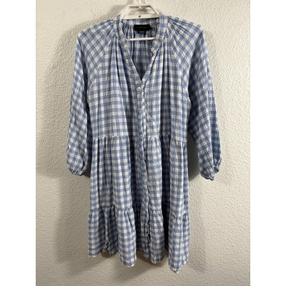 HATCHโ Dress Womens Size 2 Blue White Gingham 3/4 Sleeve Tiered Button Front